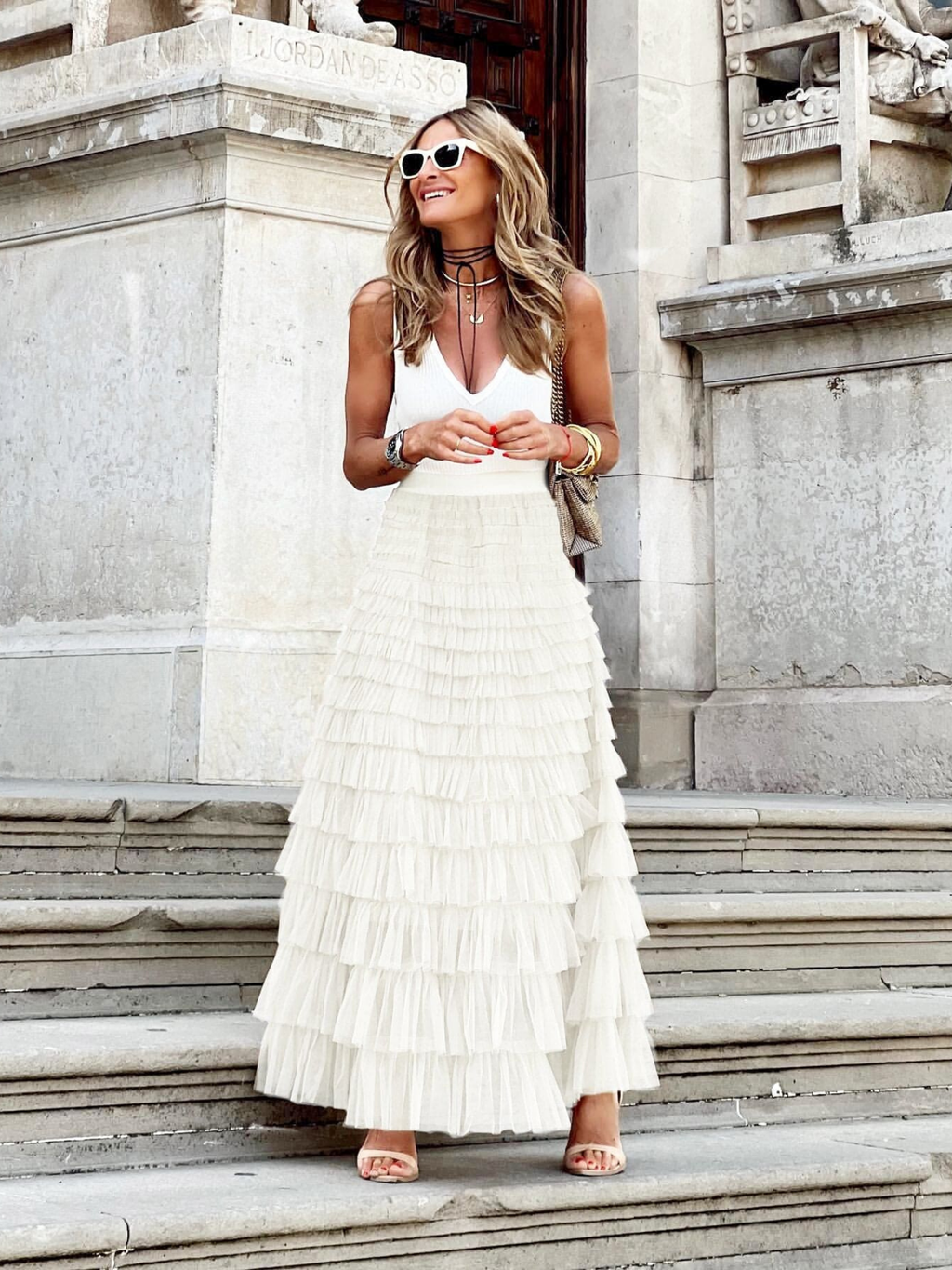 Women’s Tiered Maxi Skirt – High-Waist Elasticated Multi-Layer Design