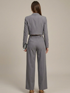 Women’s Two-Piece Suit Set – Grey Cropped Blazer – High-Waist Wide-Leg Trousers