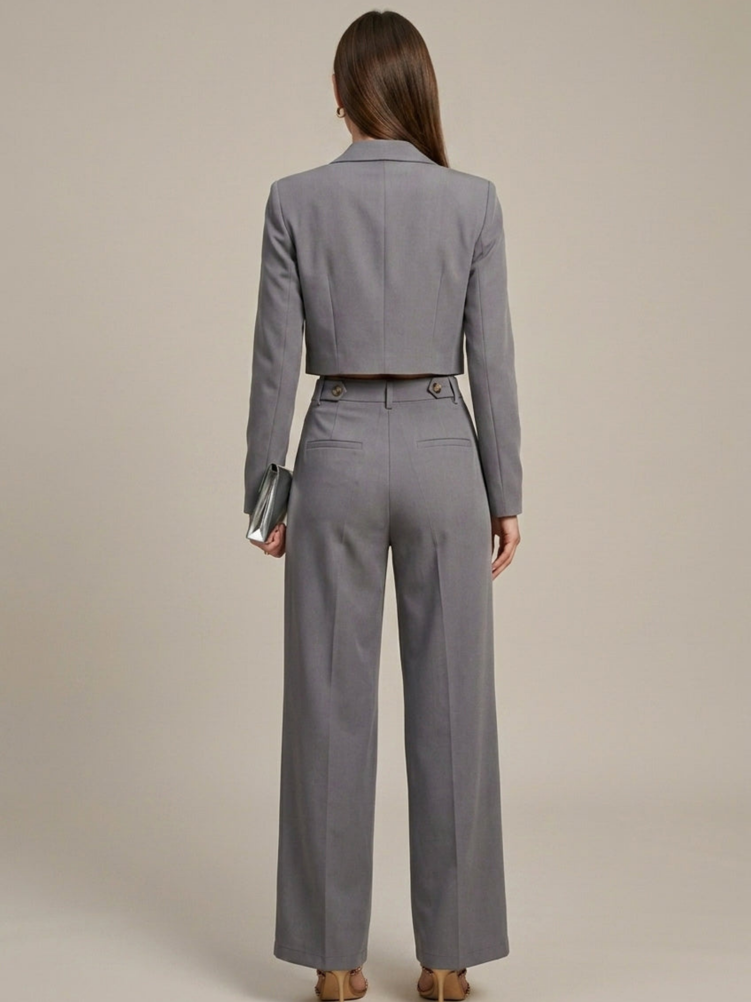 Women’s Two-Piece Suit Set – Grey Cropped Blazer – High-Waist Wide-Leg Trousers