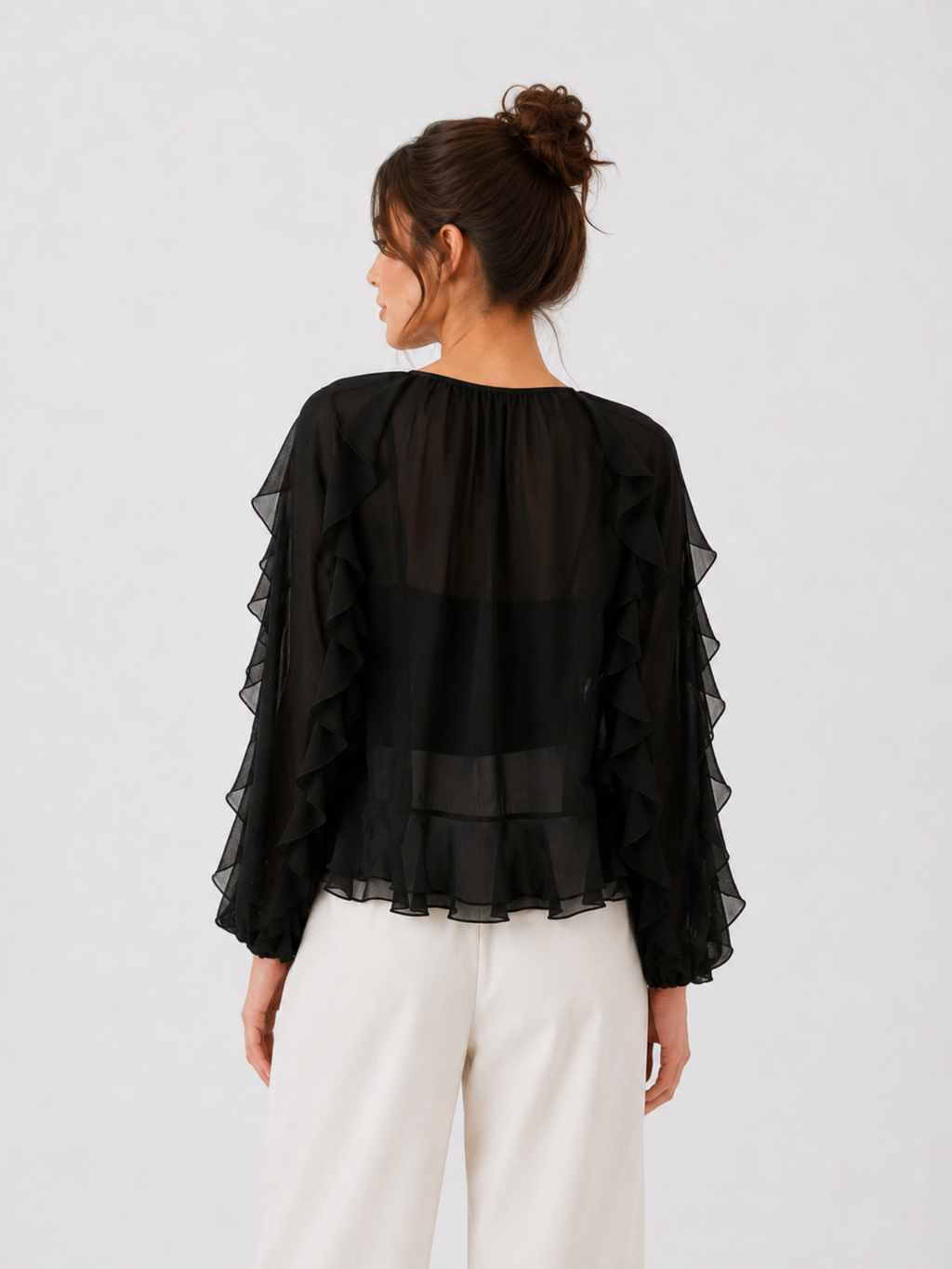 Women’s V-Neck Ruffle Blouse – Long Sleeve, Regular Fit