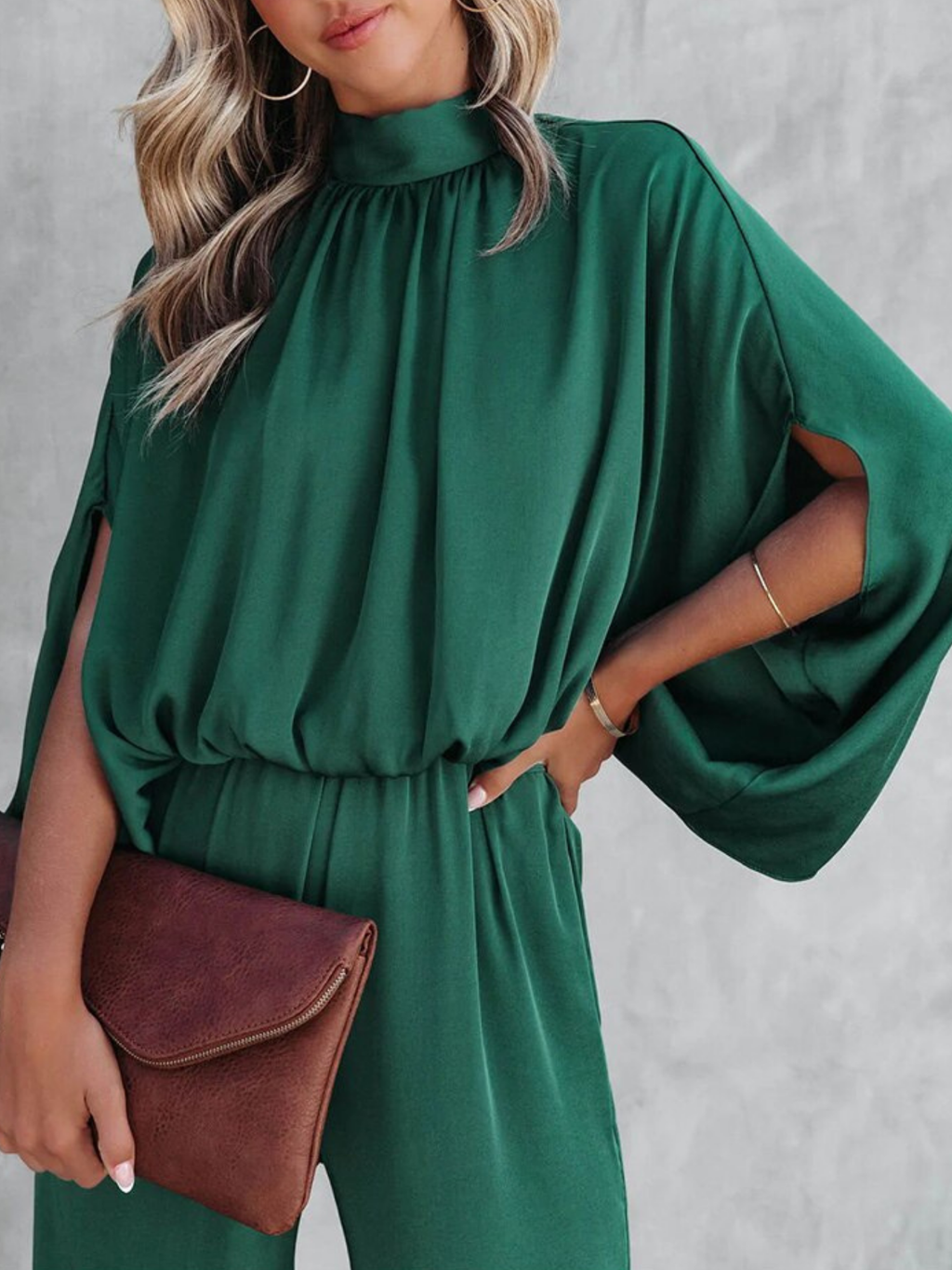 Women’s Wide-Leg Jumpsuit – Mock Neck with Split Cape Sleeves and Elasticated Waist