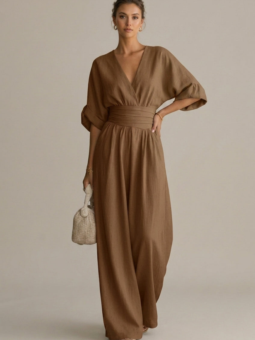 Women’s Wide-Leg Wrap Jumpsuit – V-Neck with Three-Quarter Sleeves