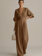 Women’s Wide-Leg Wrap Jumpsuit – V-Neck with Three-Quarter Sleeves