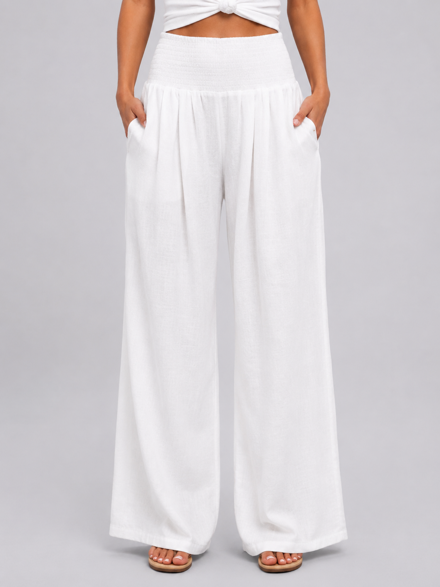Women’s Wide Leg Trousers – Smocked High Waist Design