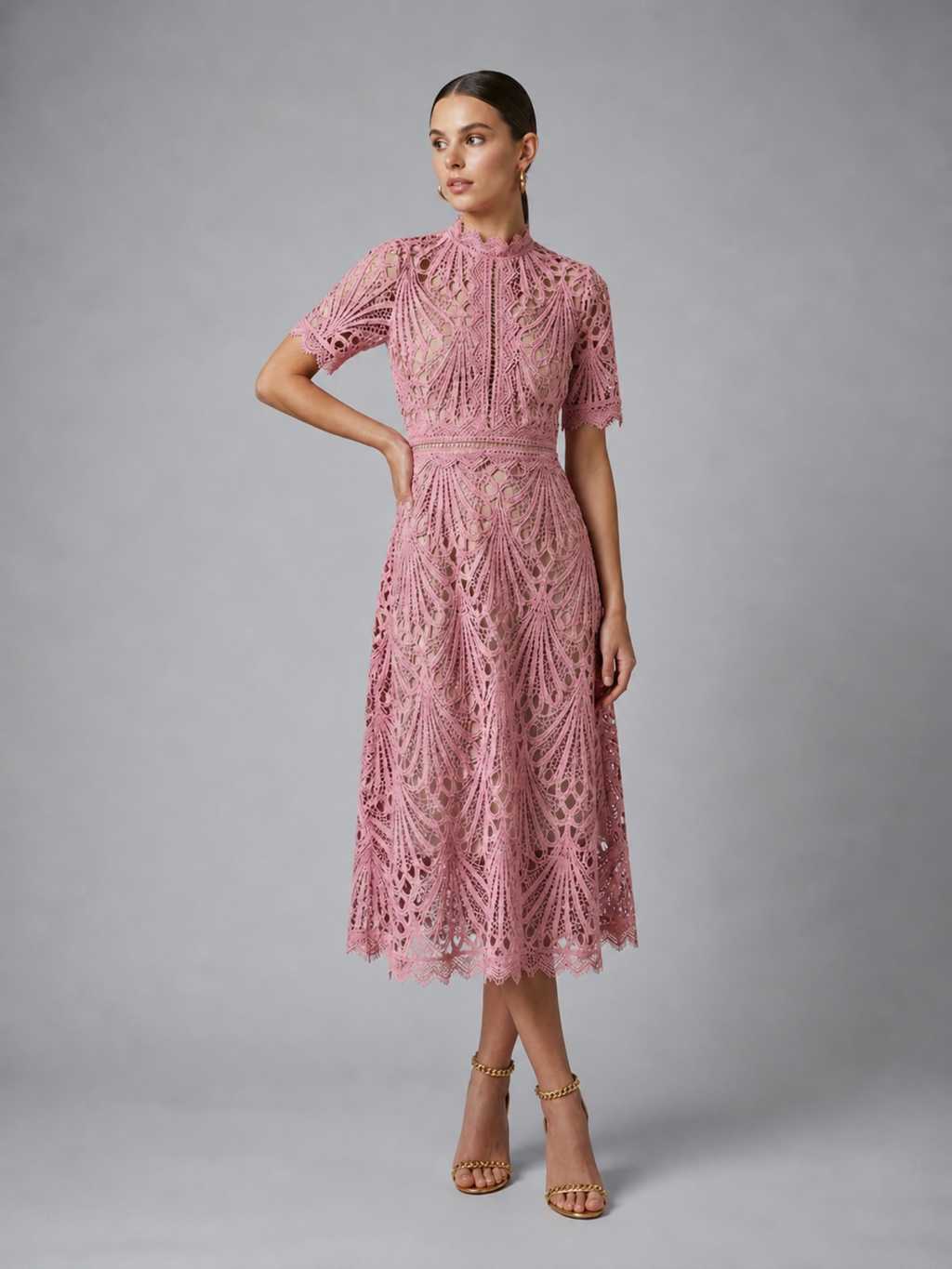 Elegant Lace Midi Dress – Refined High Neck A-Line Silhouette