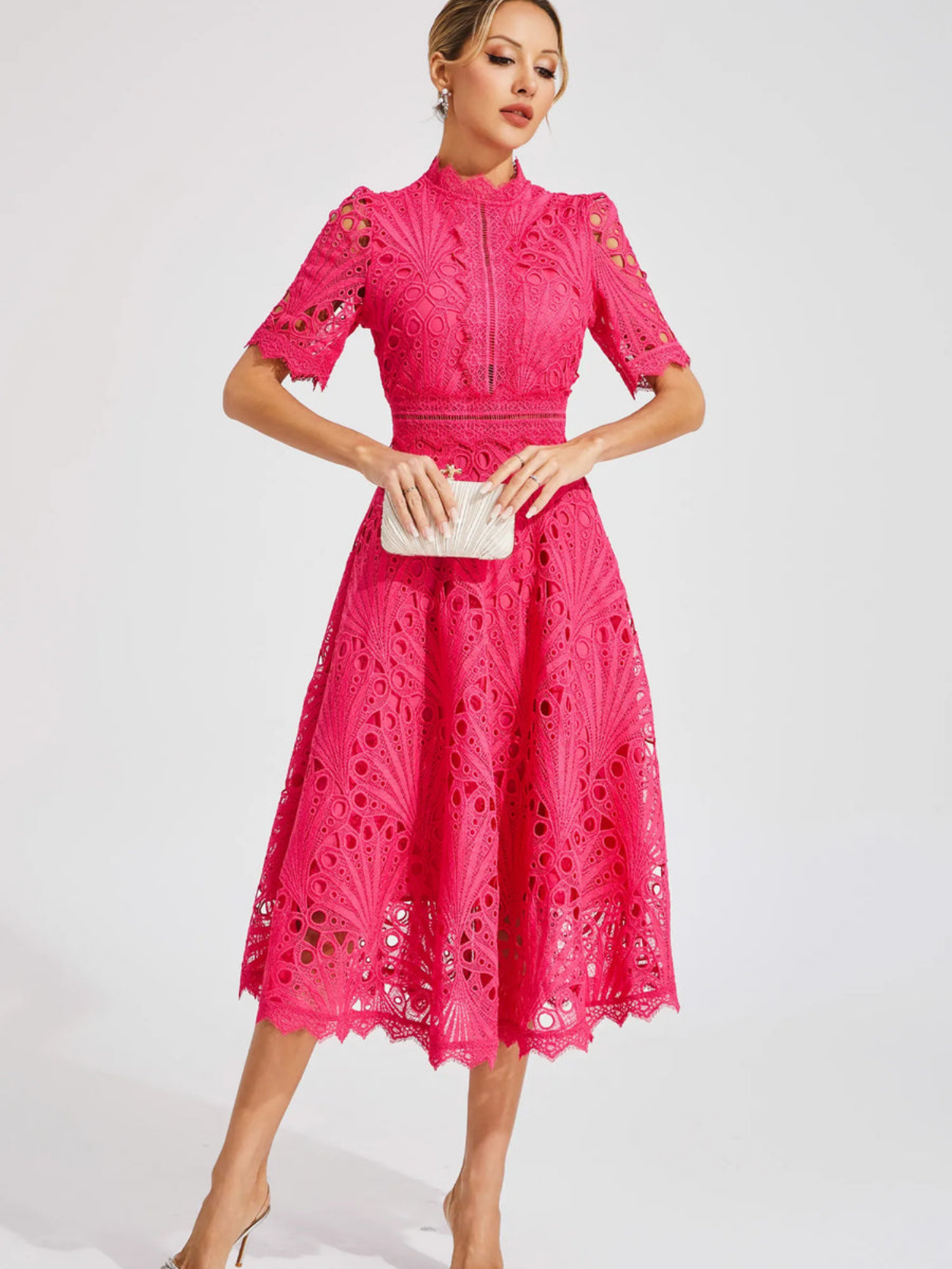 Women's Embroidered High Neck A-Line Midi Dress