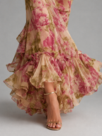 Women's Floral Chiffon Maxi Dress – Romantic Puff Sleeve Fishtail Elegance