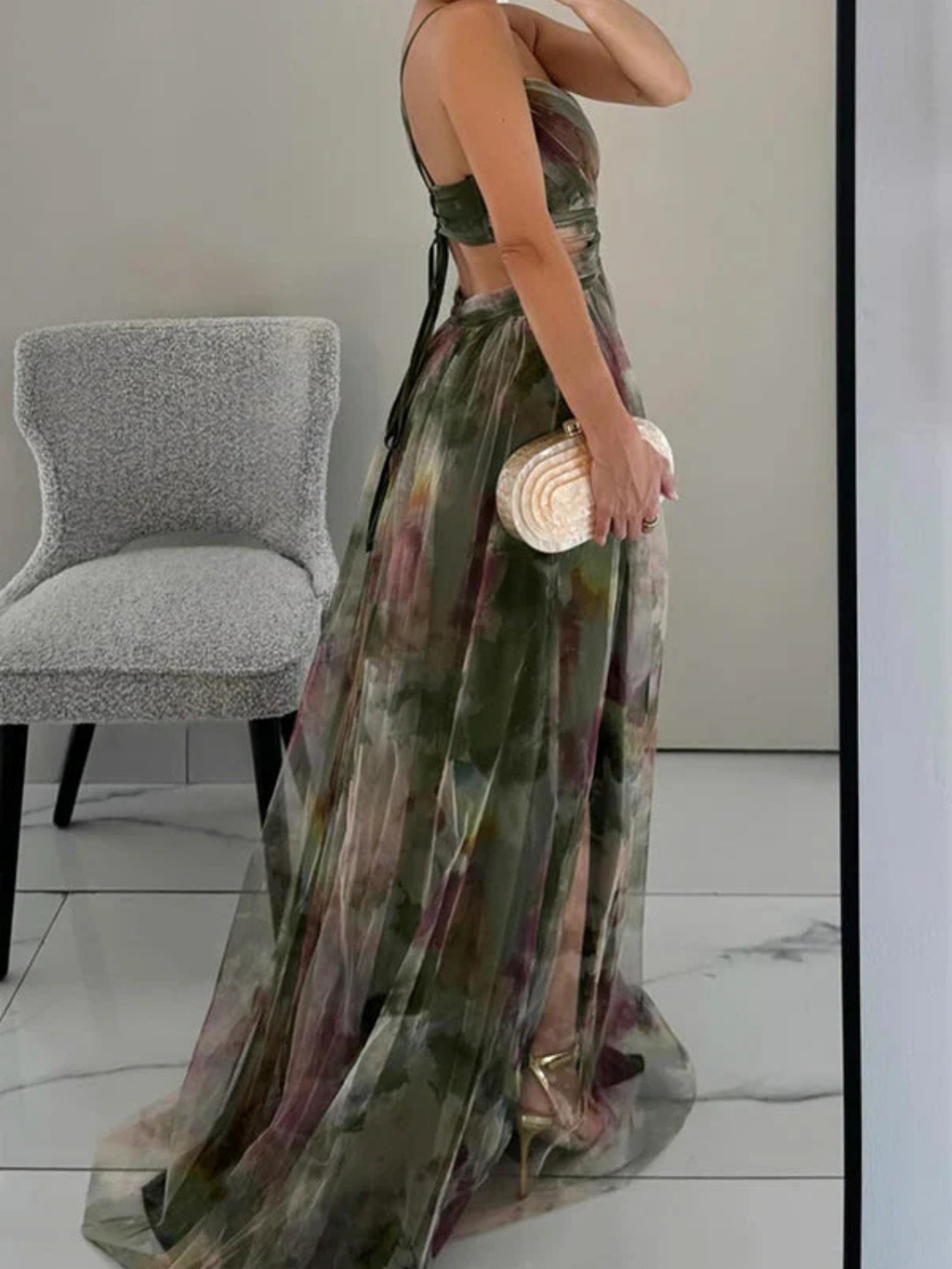 Women's Floral Print Maxi Dress with Adjustable Back