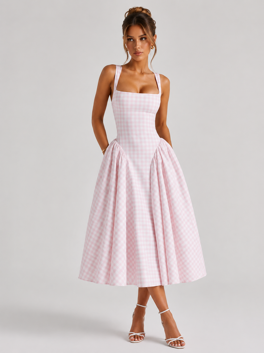 Gingham Midi Dress – Structured Charm with Feminine Volume