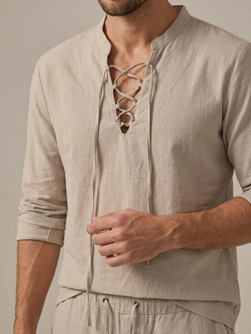 Men’s Lace-Up V-Neck Shirt & Wide-Leg Trouser Two-Piece Set