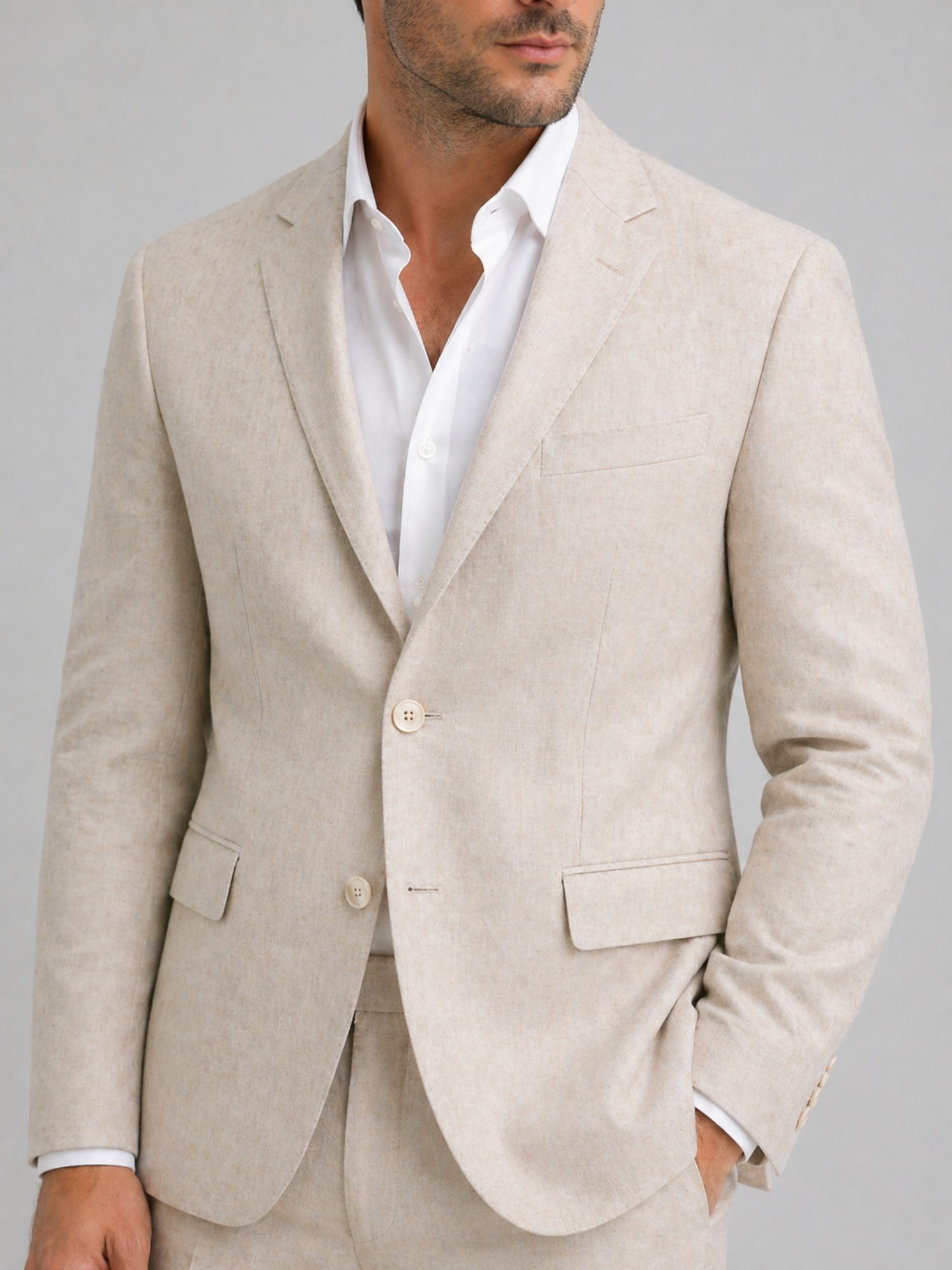 Men’s Linen-Blend Two-Piece Suit Set – Tailored Blazer & Straight-Leg Trousers