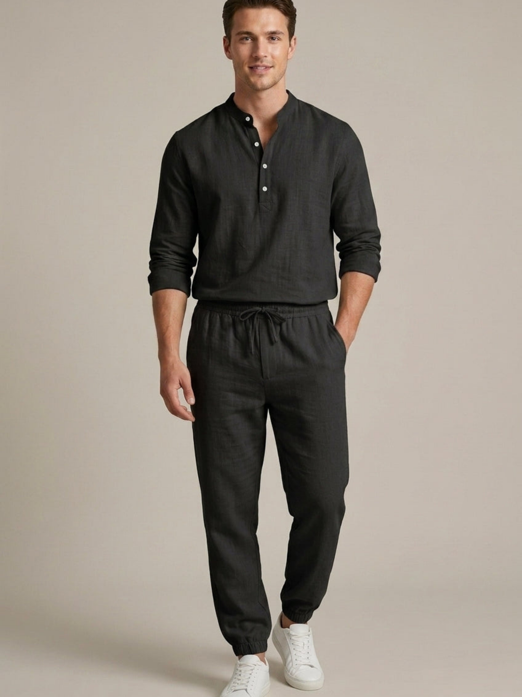 Men’s Long Sleeve Button-Up Shirt & Trousers Two-Piece Set