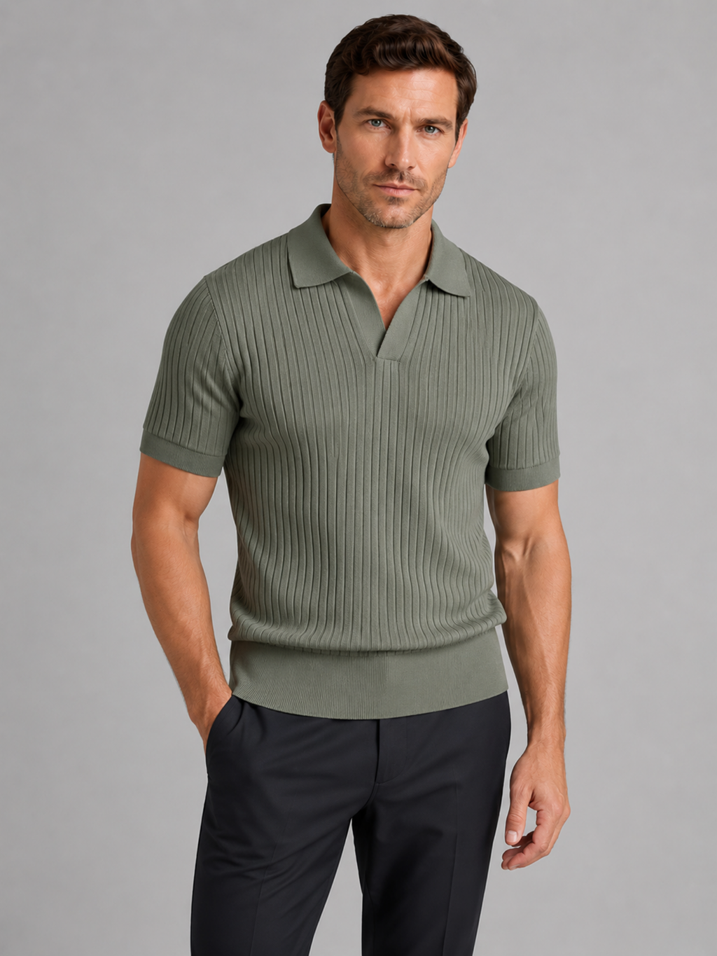 Men’s Ribbed Knit Polo Shirt – Tailored Short Sleeve Design
