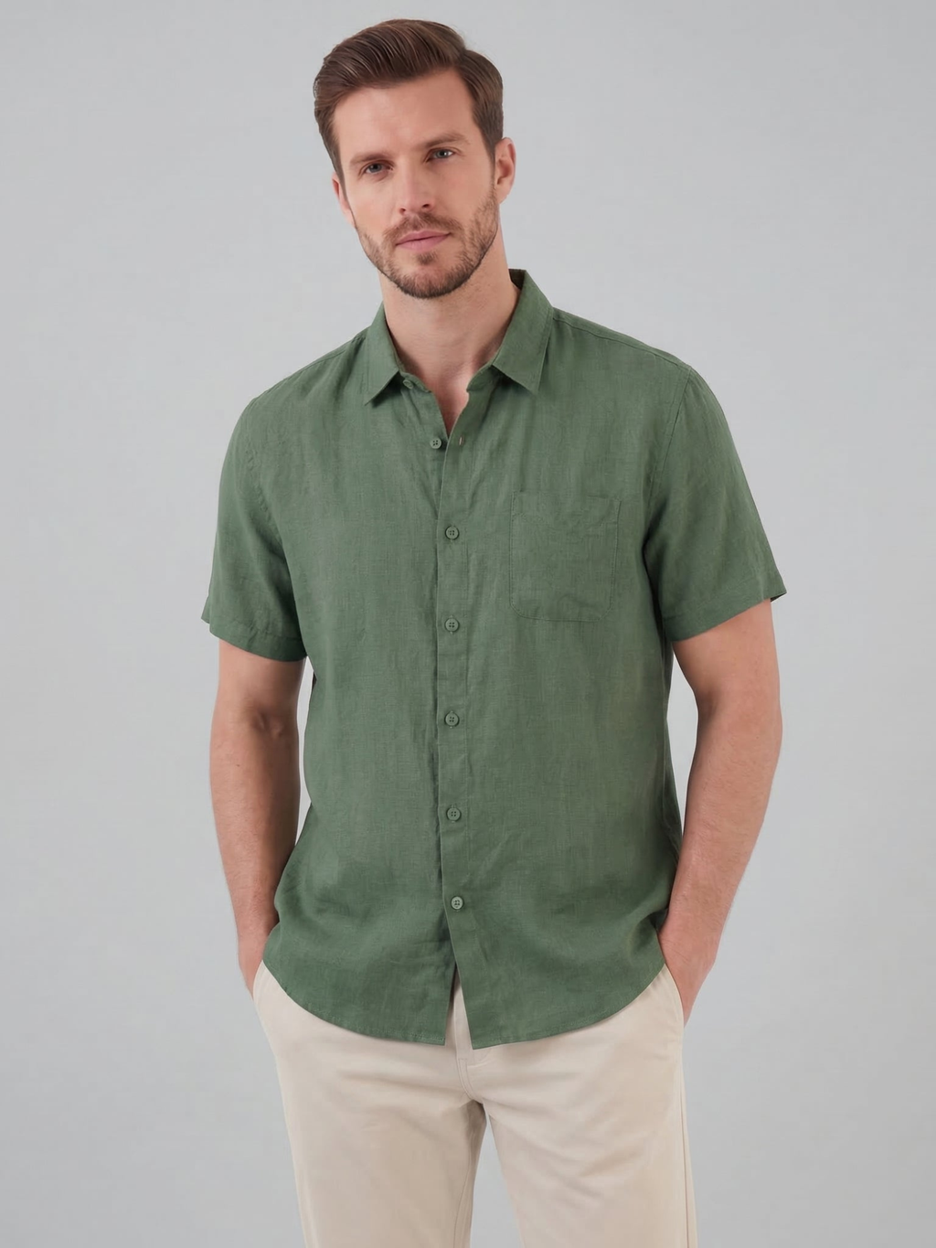 Men’s Short-Sleeve Linen Shirt with Button Closure