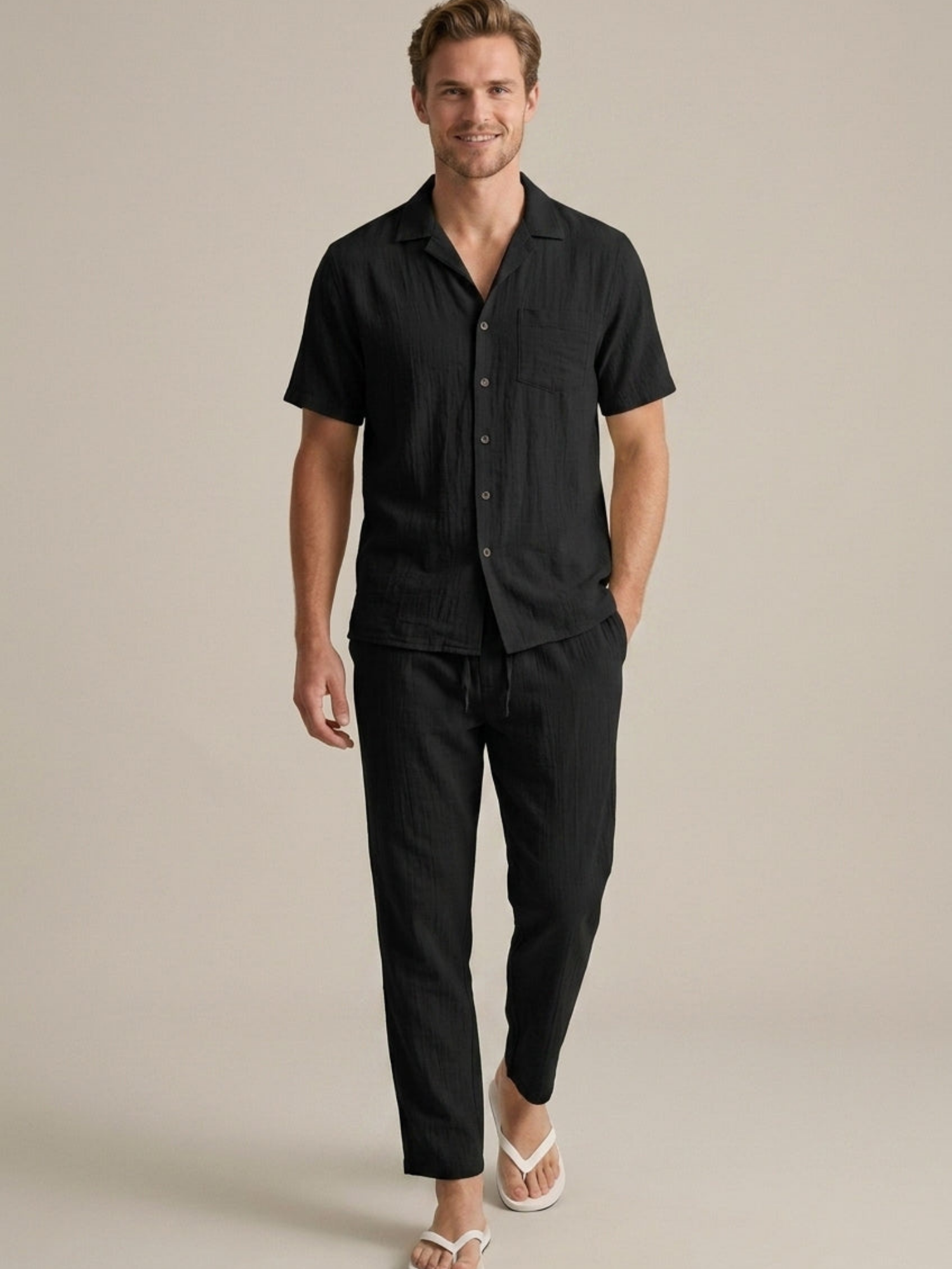 Men’s Short Sleeve Shirt & Long Trousers Two-Piece Set – Single Button Design