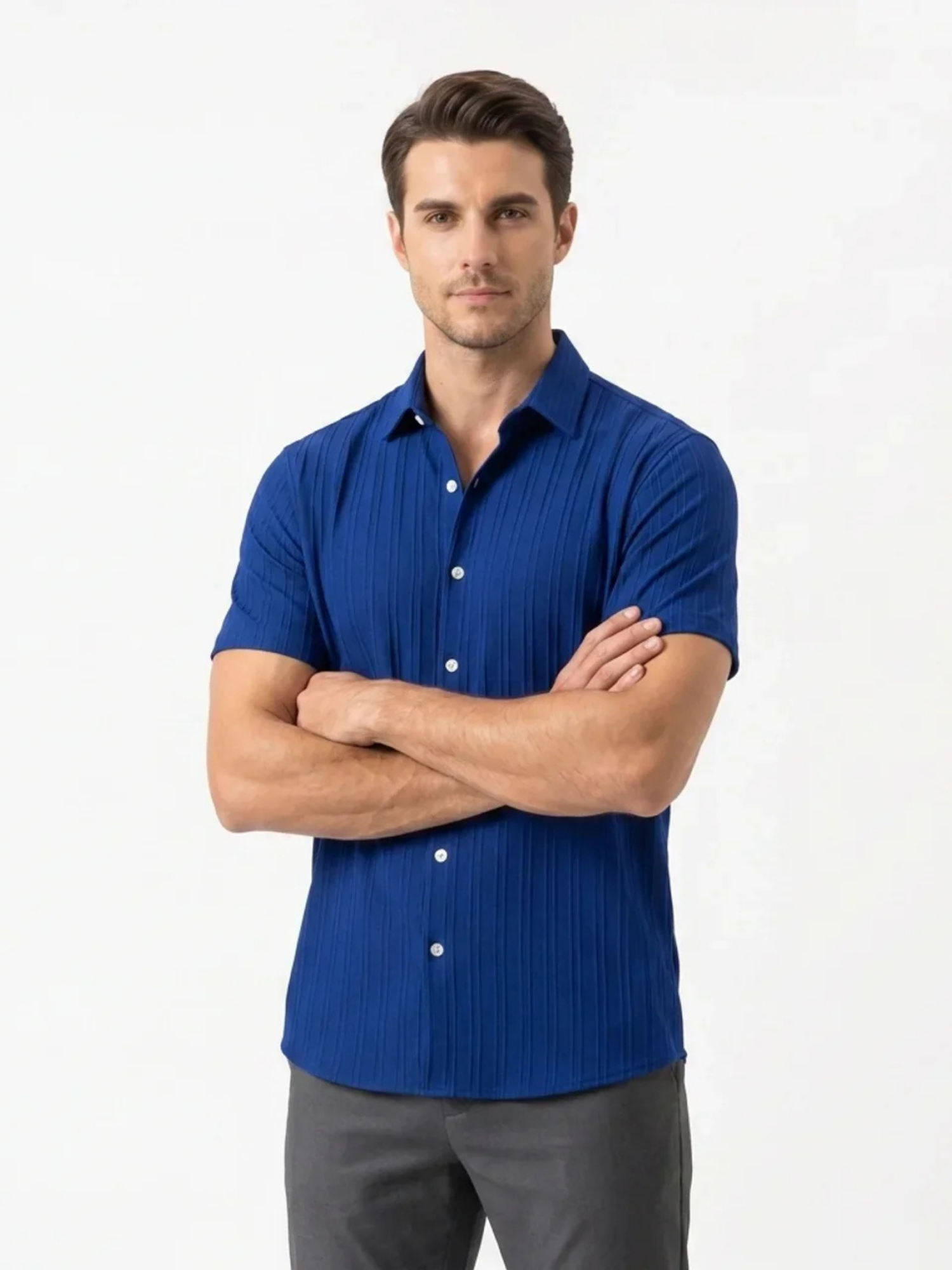 Men’s Short Sleeve Textured Button-Up Shirt – Slim Fit
