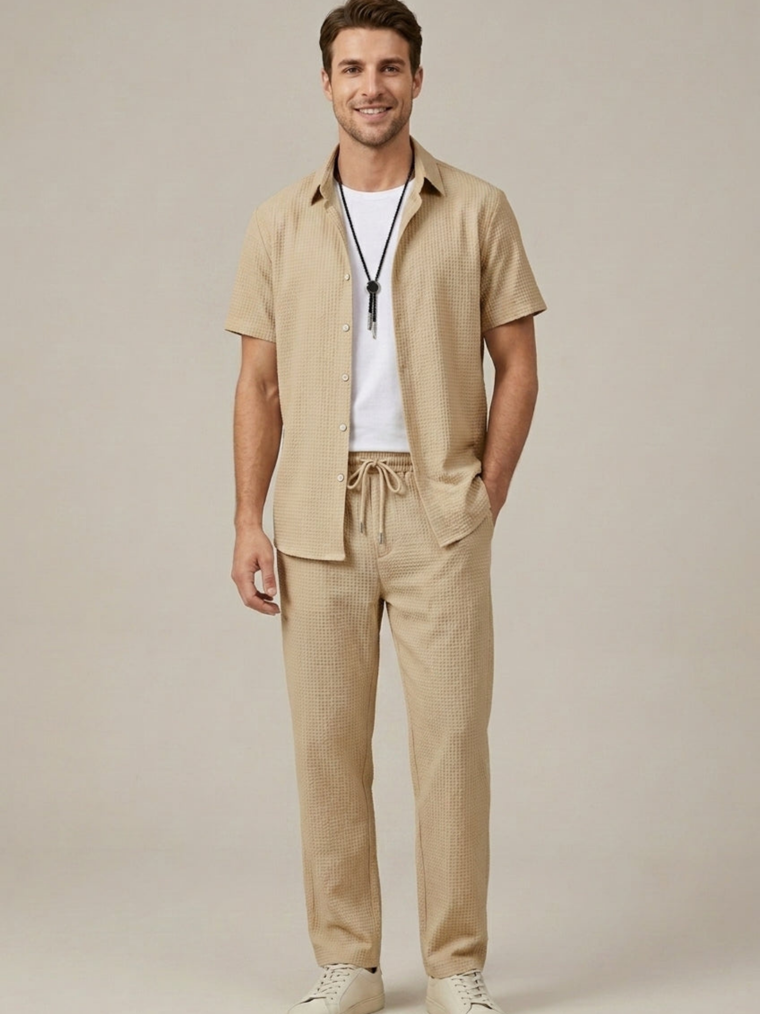 Men’s Waffle Textured Shirt & Straight-Leg Trouser Two-Piece Set