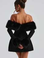 Women's Off-Shoulder Mini Dress with Faux Fur Trim