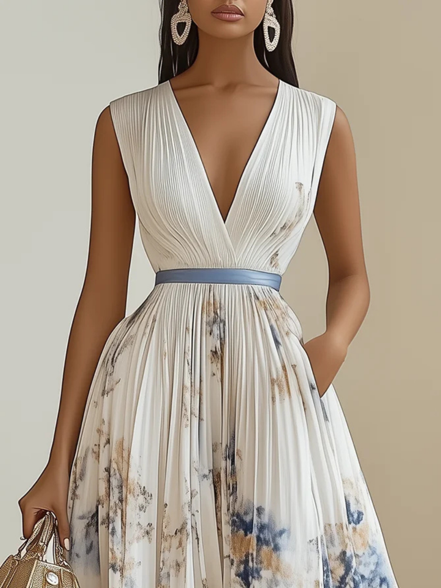 Women's Pleated Midi Dress with V-Neck and Abstract Print