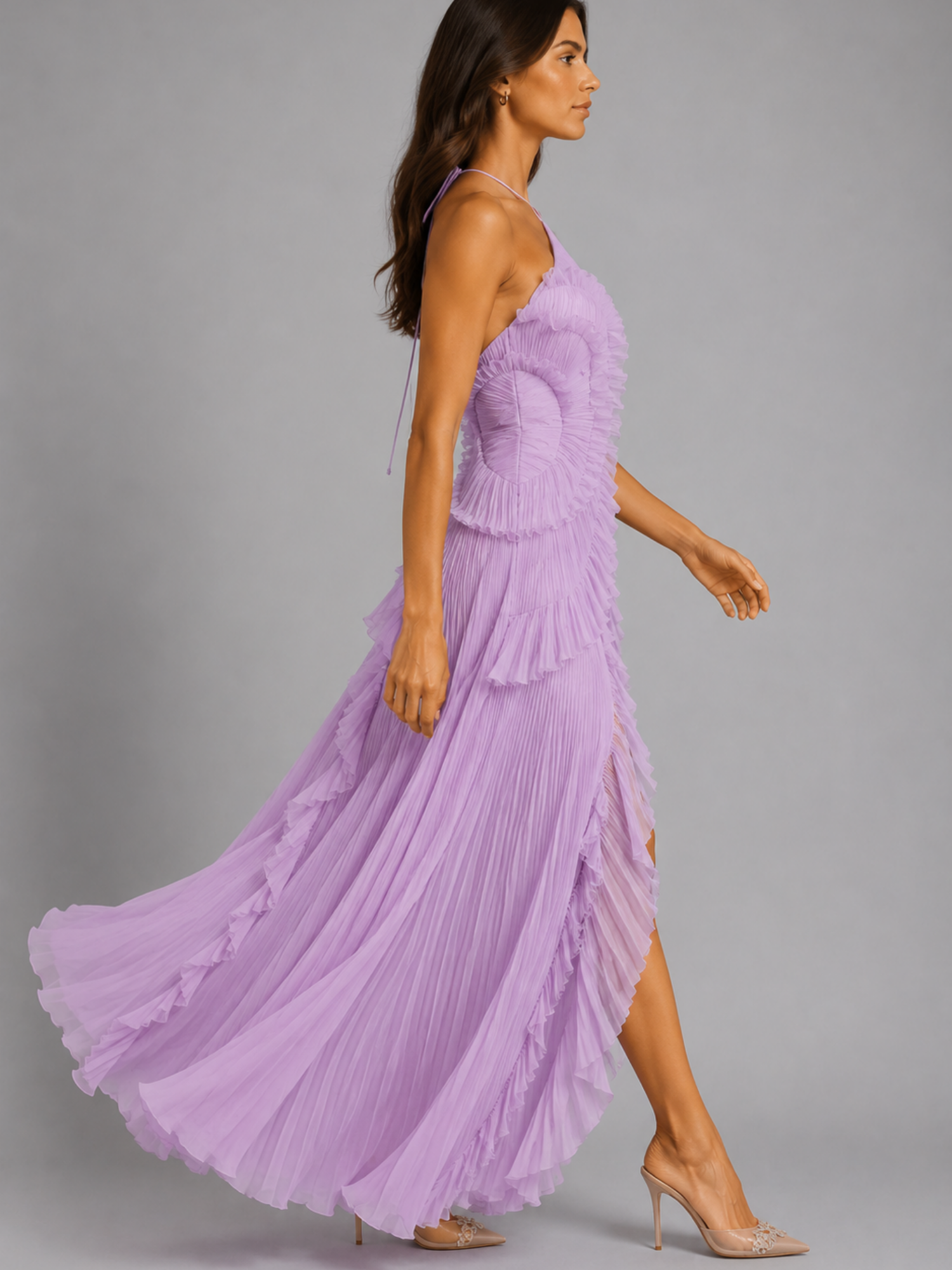 Women's Pleated Ruffle Halter Maxi Dress – Flowing Elegance for Special Occasions