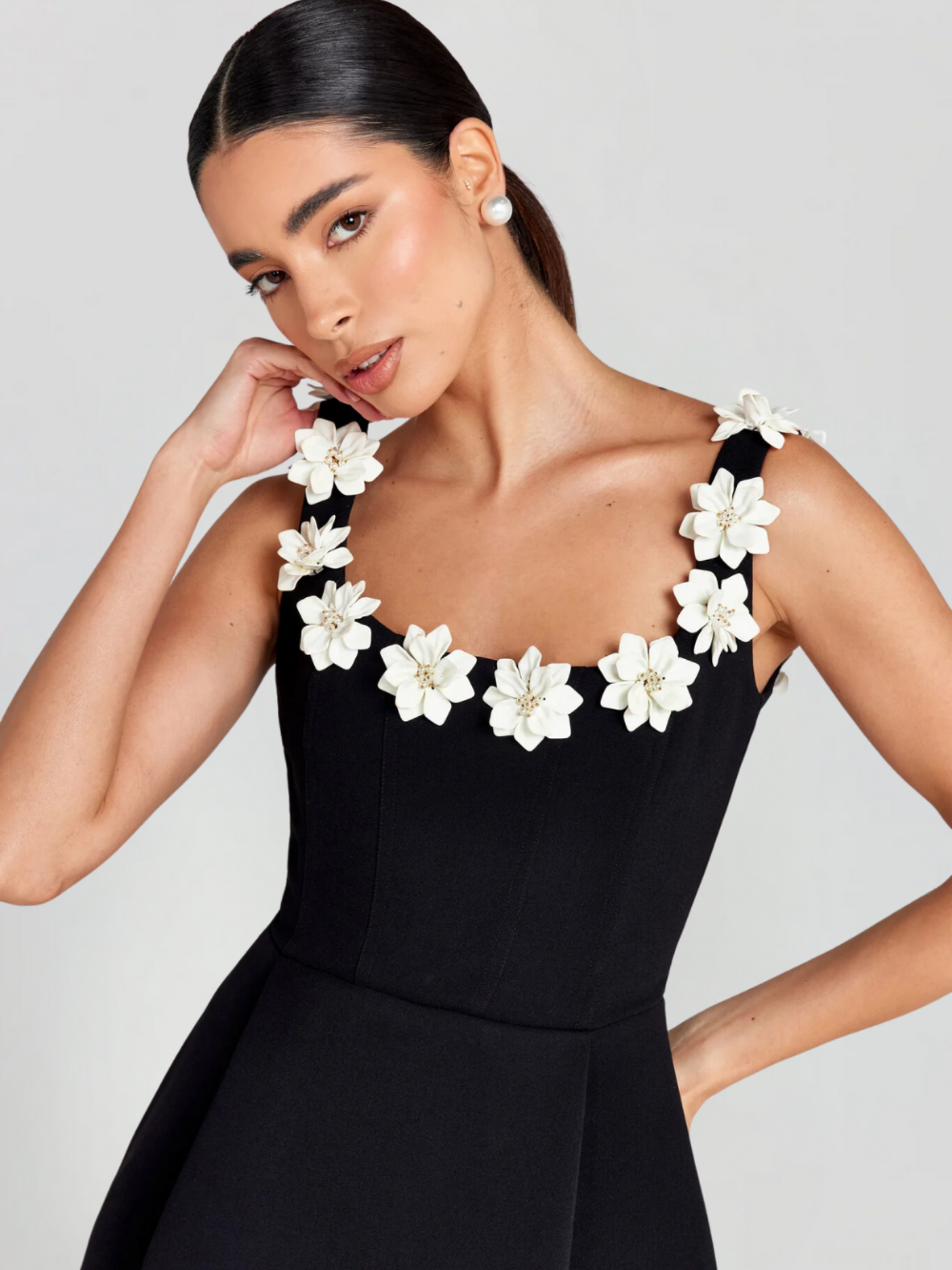 Women's Structured Square Neck Mini Dress with Floral Detail