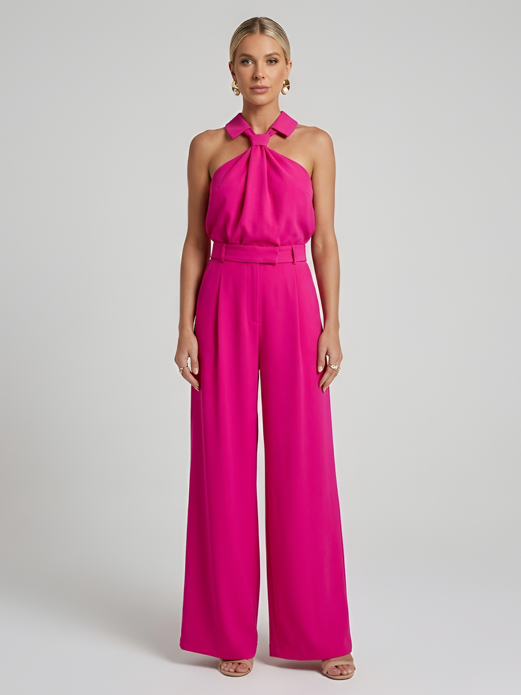 Women’s Halter Neck Wide-Leg Jumpsuit – Twist Front with Belted Waist