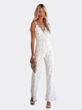 Women’s Lace Jumpsuit – Deep V-Neck – Double Spaghetti Straps – Open Cross-Back – Wide-Leg