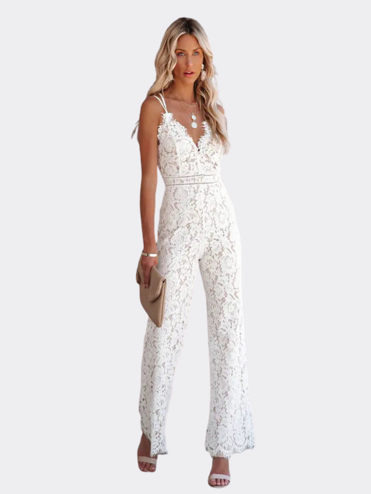 Women’s Lace Jumpsuit – Deep V-Neck – Double Spaghetti Straps – Open Cross-Back – Wide-Leg