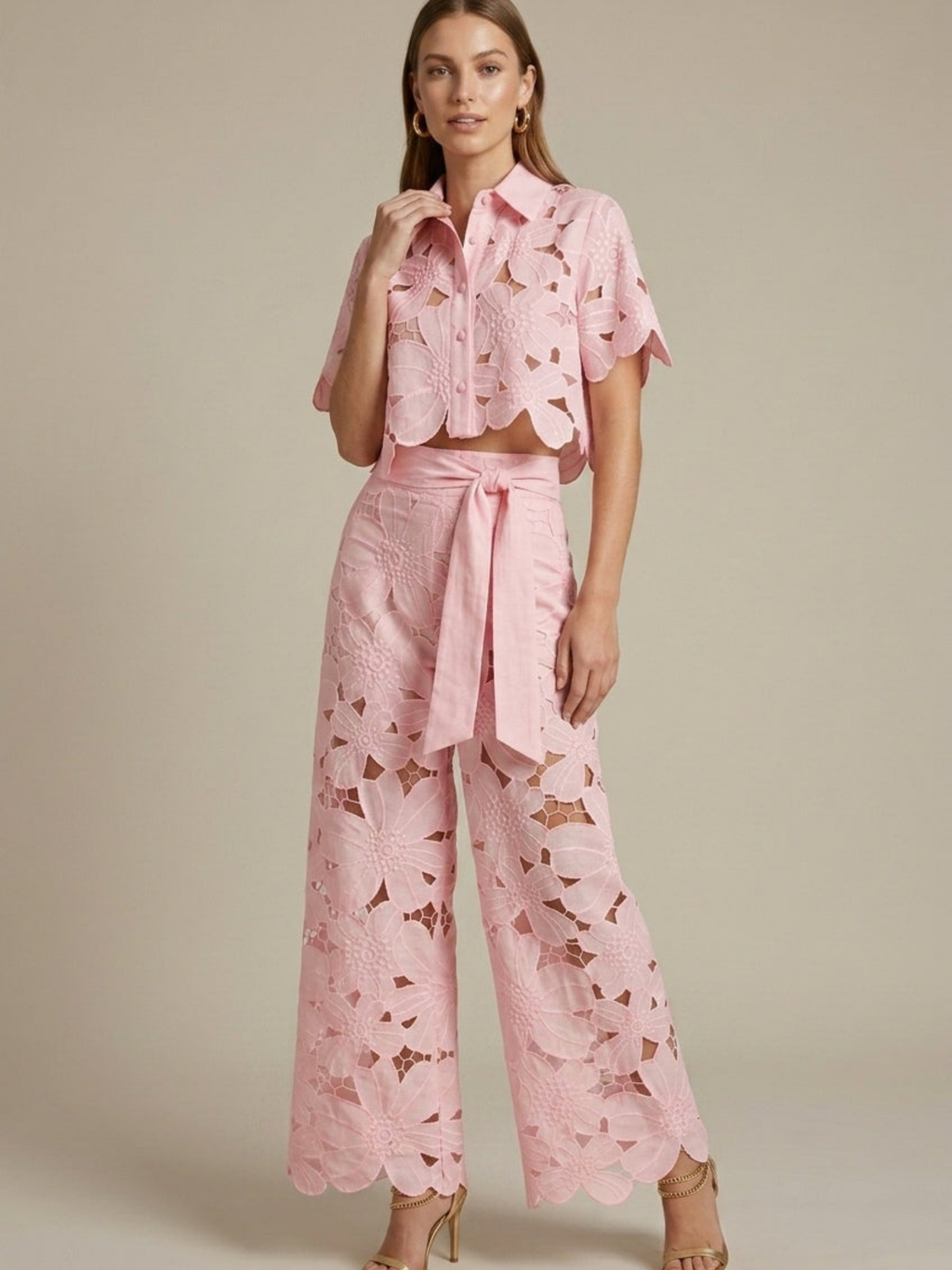Women’s Lace Two-Piece Set – Cape Overlay Crop Top – Wide-Leg Trousers