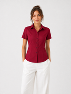 Women’s Short-Sleeve Button-Up Blouse – Slim Fit, Structured Design