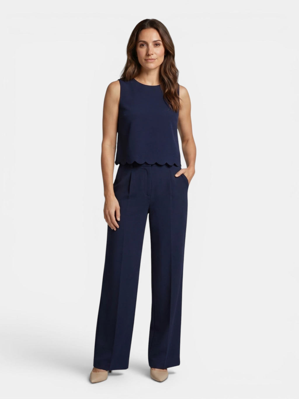 Women’s Sleeveless Scallop Hem Top and Wide-Leg Trousers Set