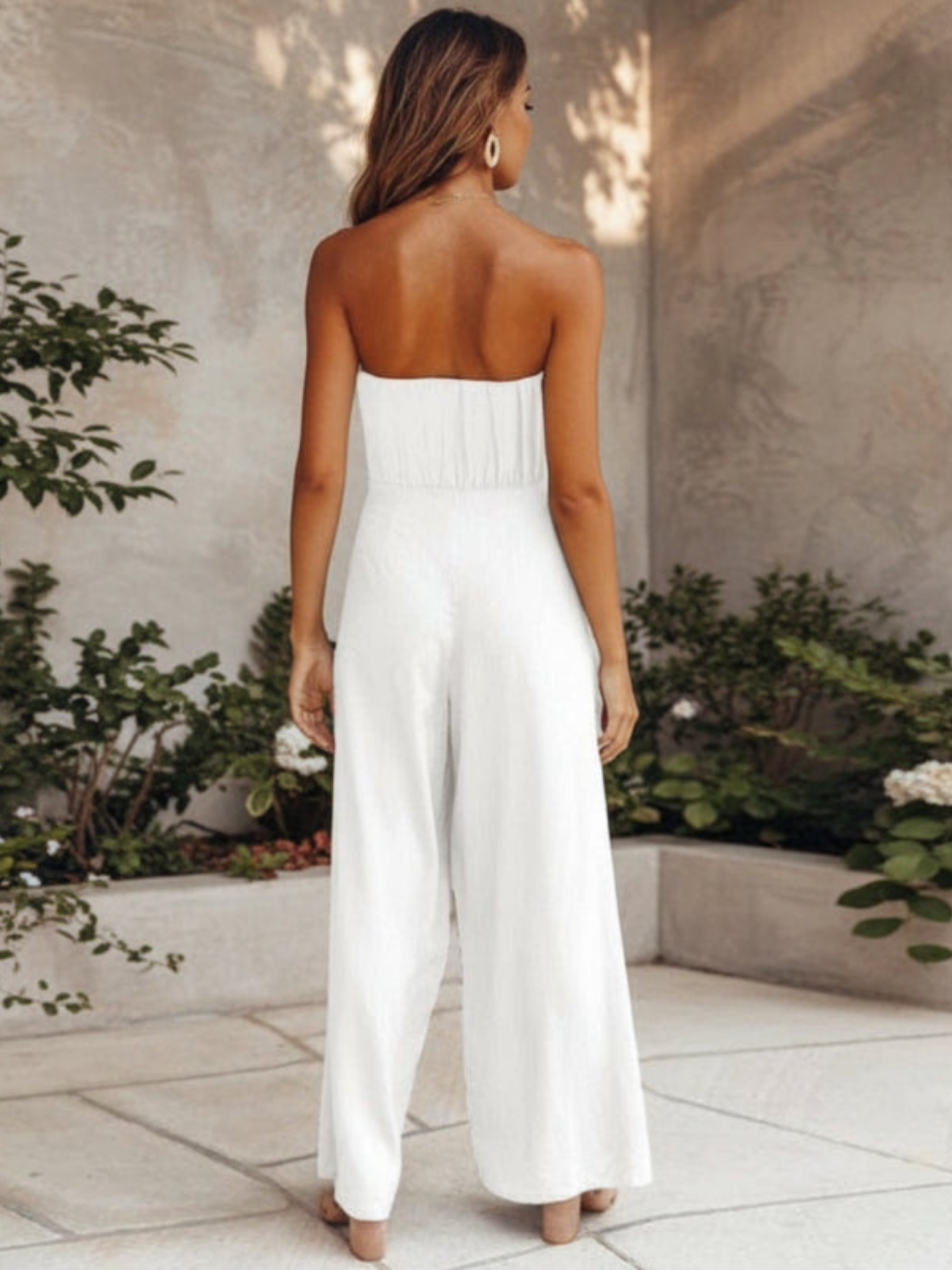 Women’s Strapless Bandeau Two-Piece Set – High-Waist Wide-Leg Trousers with Self-Tie Detail