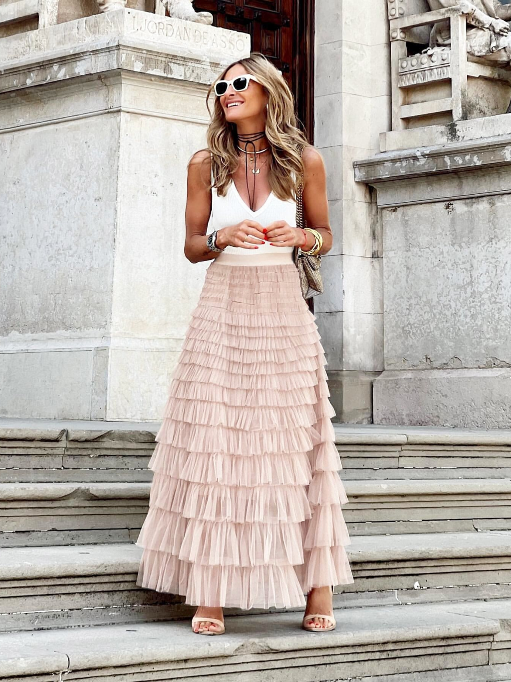Women’s Tiered Maxi Skirt – High-Waist Elasticated Multi-Layer Design