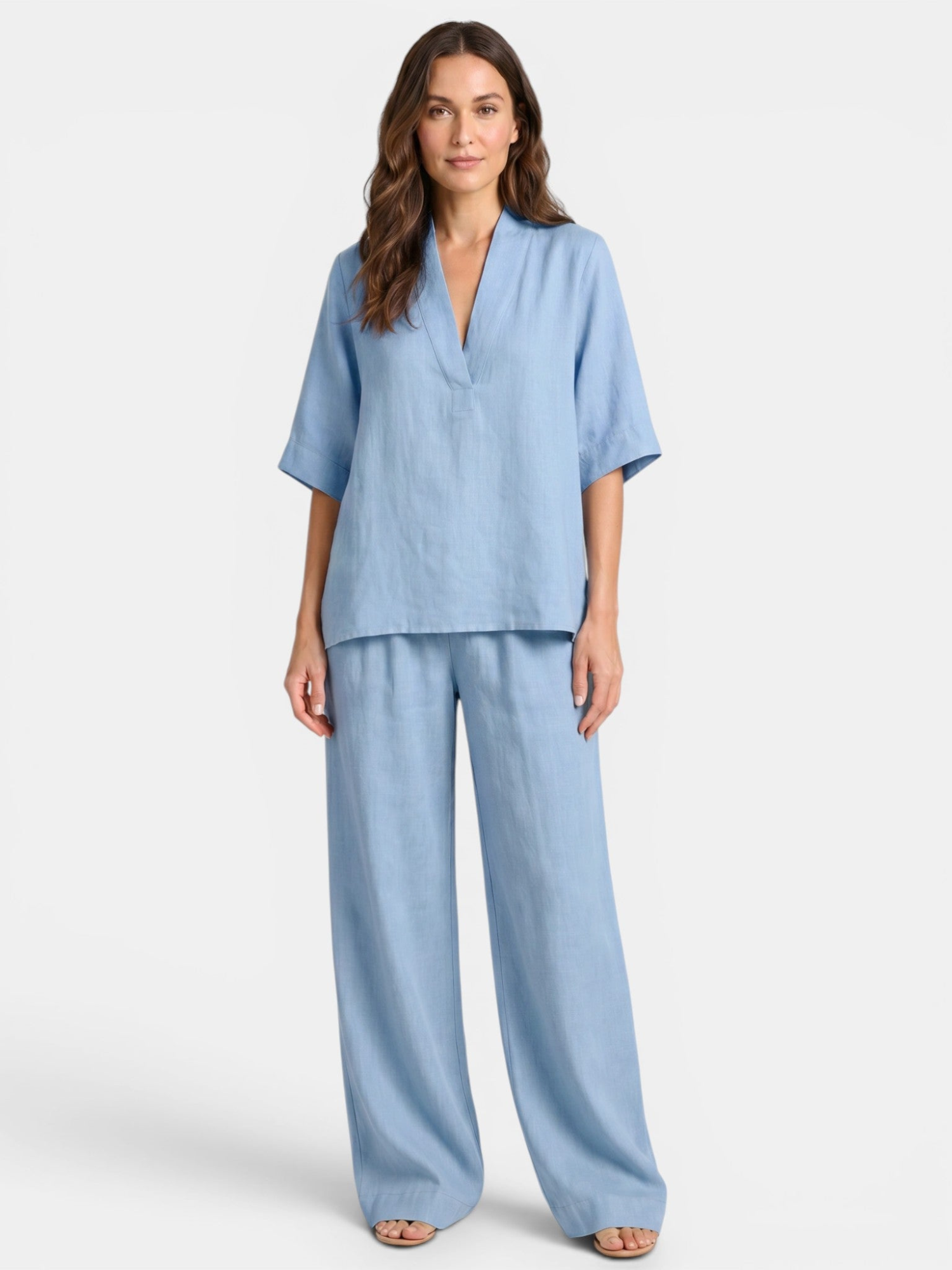 Women’s V-Neck Top and Wide-Leg Trousers Set