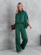Women’s Wide-Leg Jumpsuit – Mock Neck with Split Cape Sleeves and Elasticated Waist