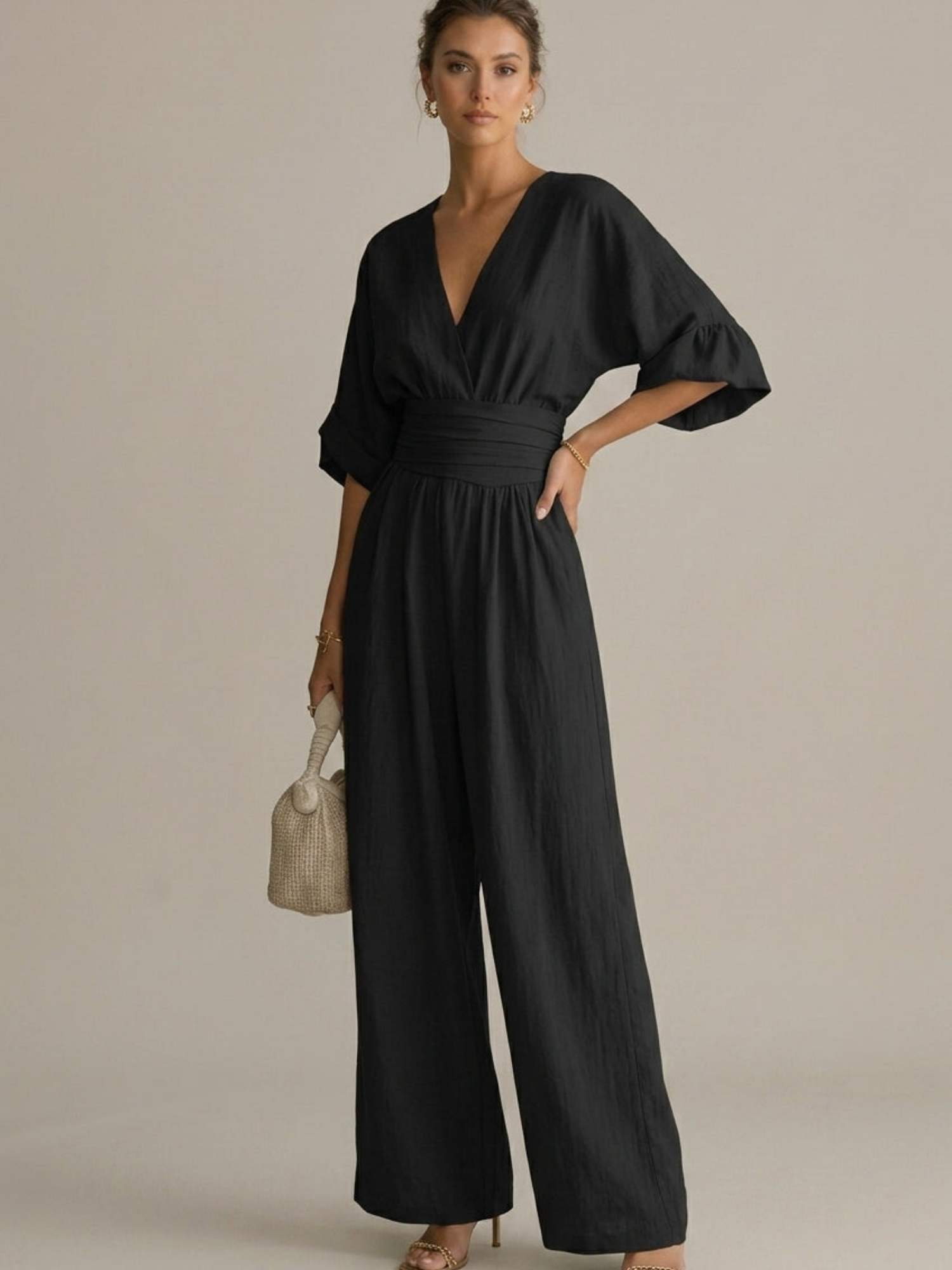 Women’s Wide-Leg Wrap Jumpsuit – V-Neck with Three-Quarter Sleeves