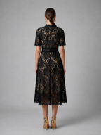 Elegant Lace Midi Dress – Refined High Neck A-Line Silhouette