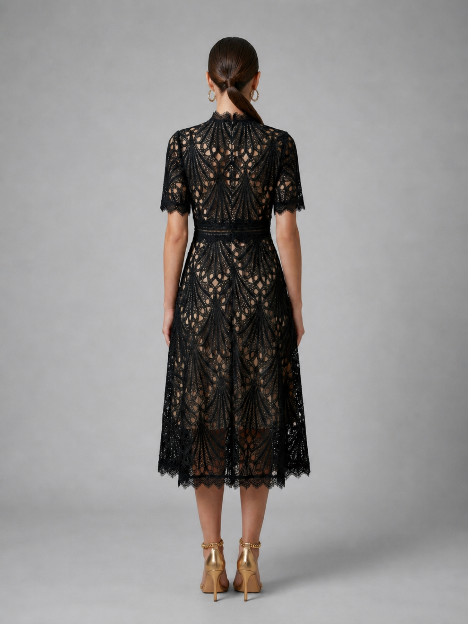 Elegant Lace Midi Dress – Refined High Neck A-Line Silhouette