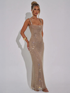 Women's Embellished Evening Gown with Square Neckline