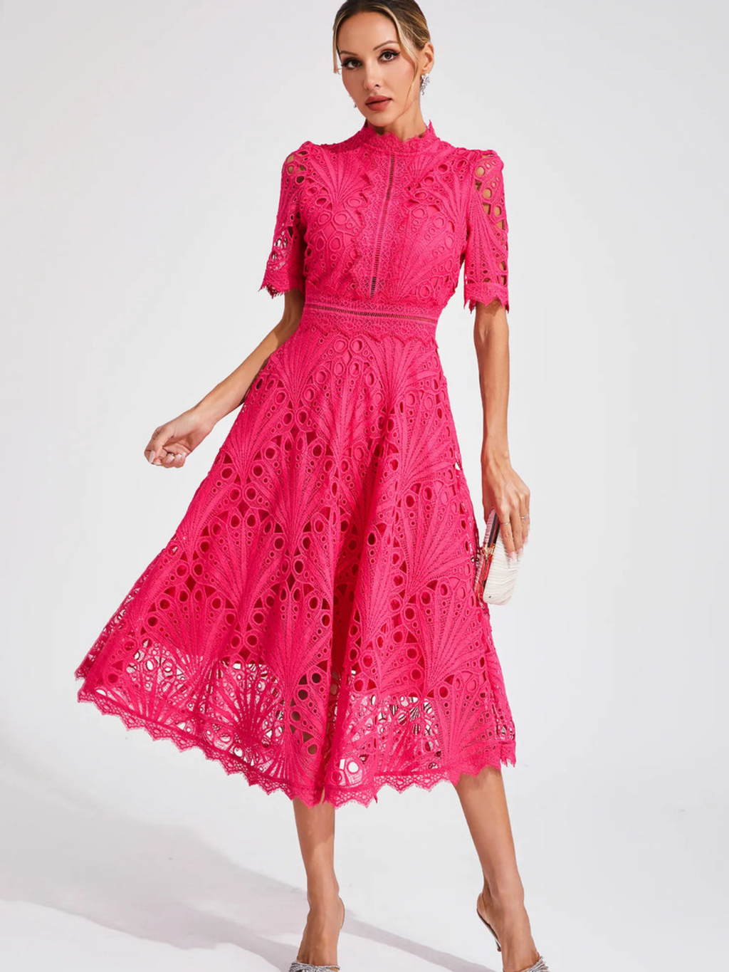 Women's Embroidered High Neck A-Line Midi Dress