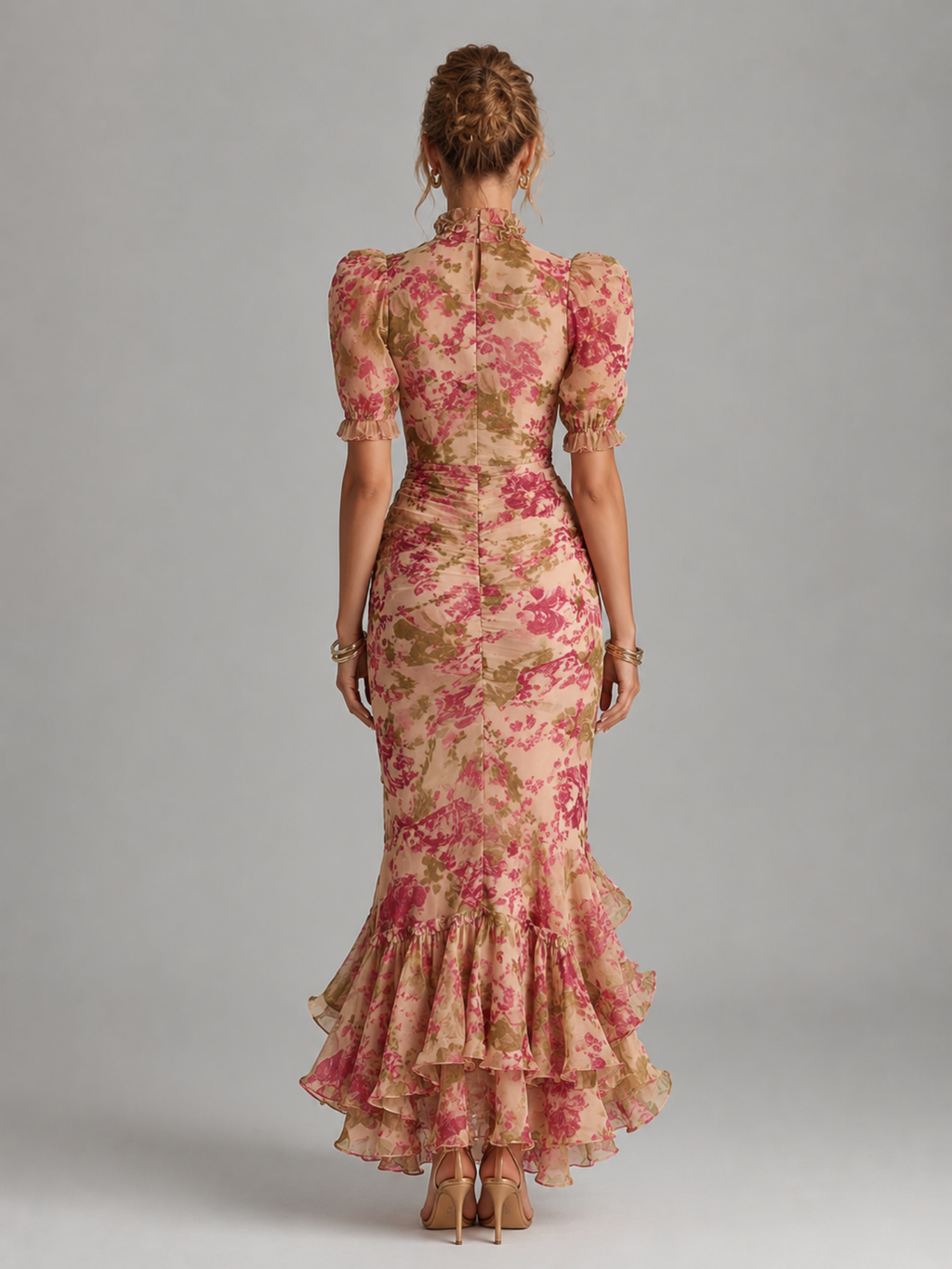 Women's Floral Chiffon Maxi Dress – Romantic Puff Sleeve Fishtail Elegance