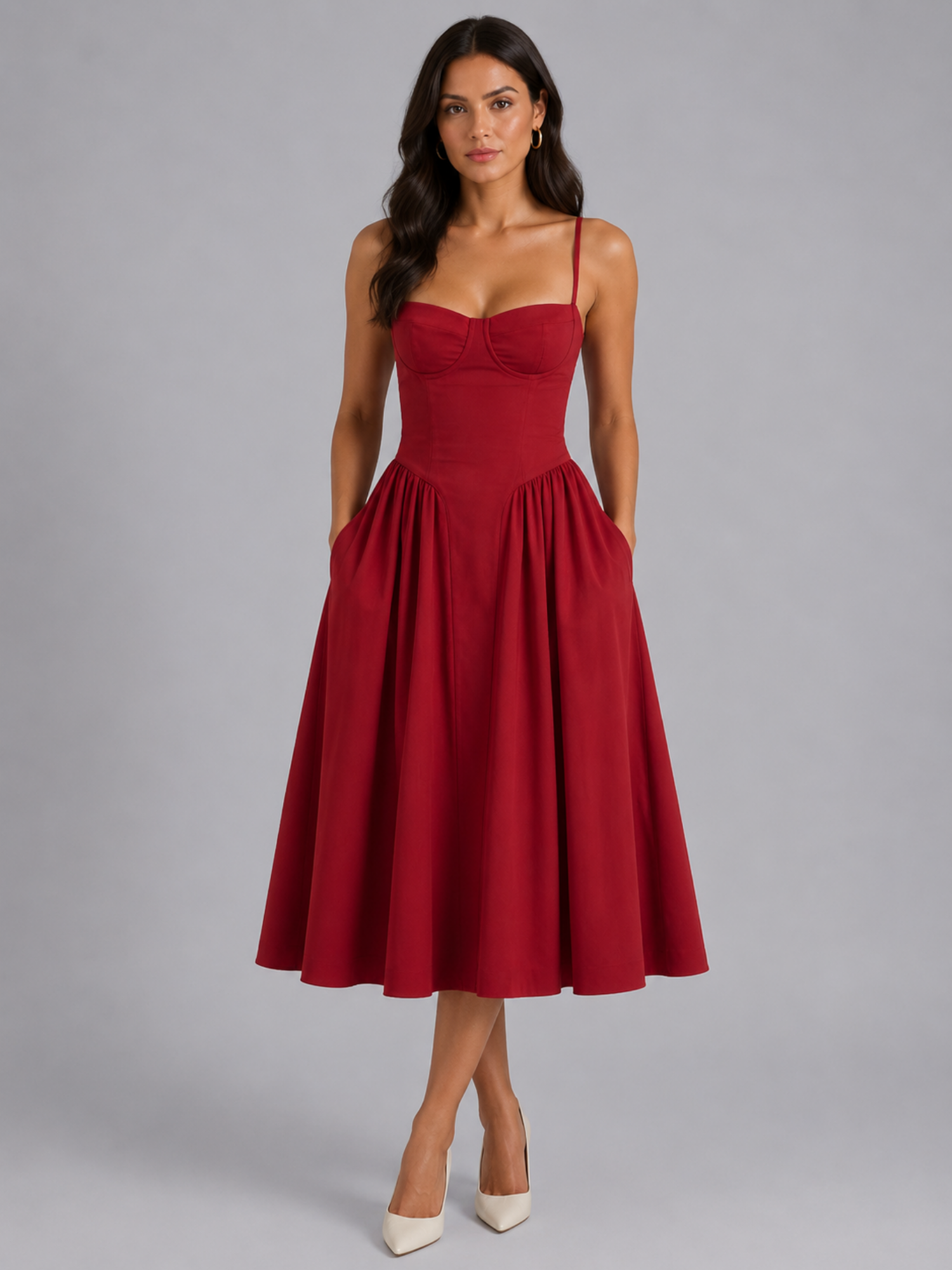 Floral Corset Midi Dress – Romantic Wedding Guest Elegance
