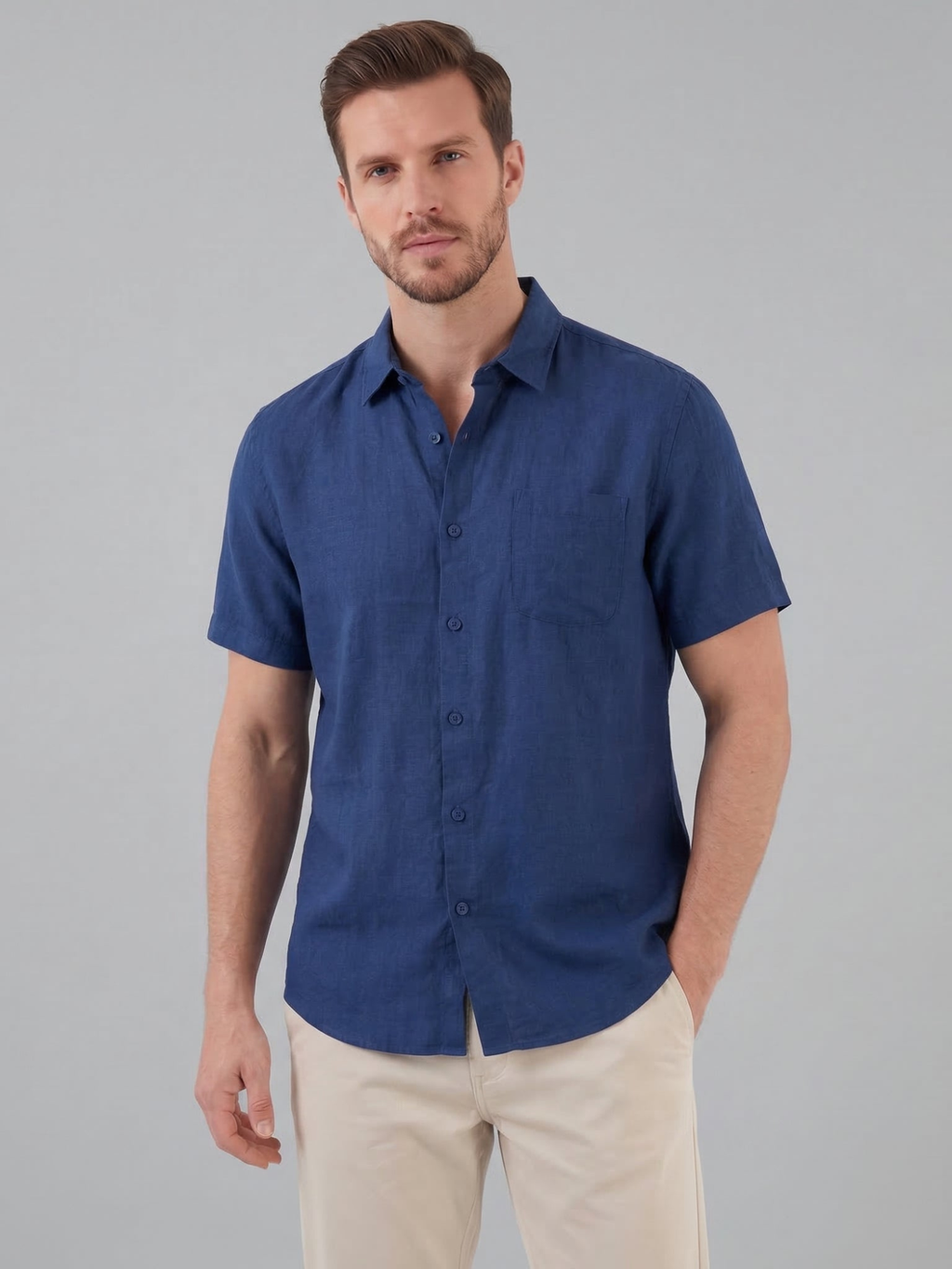 Men’s Short-Sleeve Linen Shirt with Button Closure
