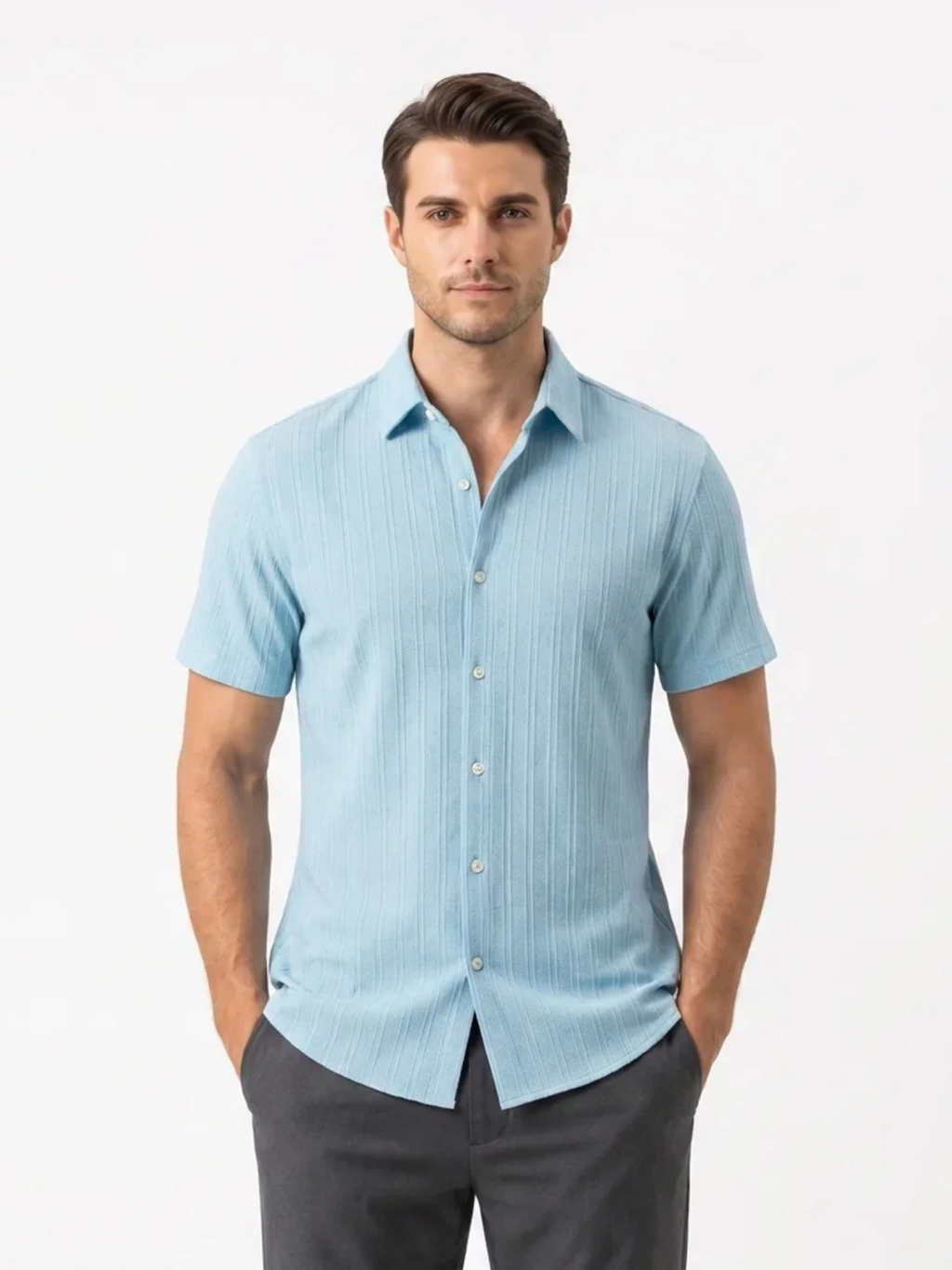 Men’s Short Sleeve Textured Button-Up Shirt – Slim Fit