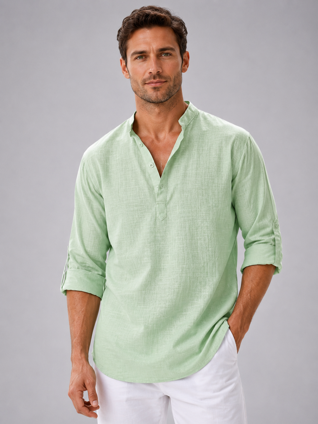 Men’s Stand Collar Summer Shirt – Relaxed Modern Fit