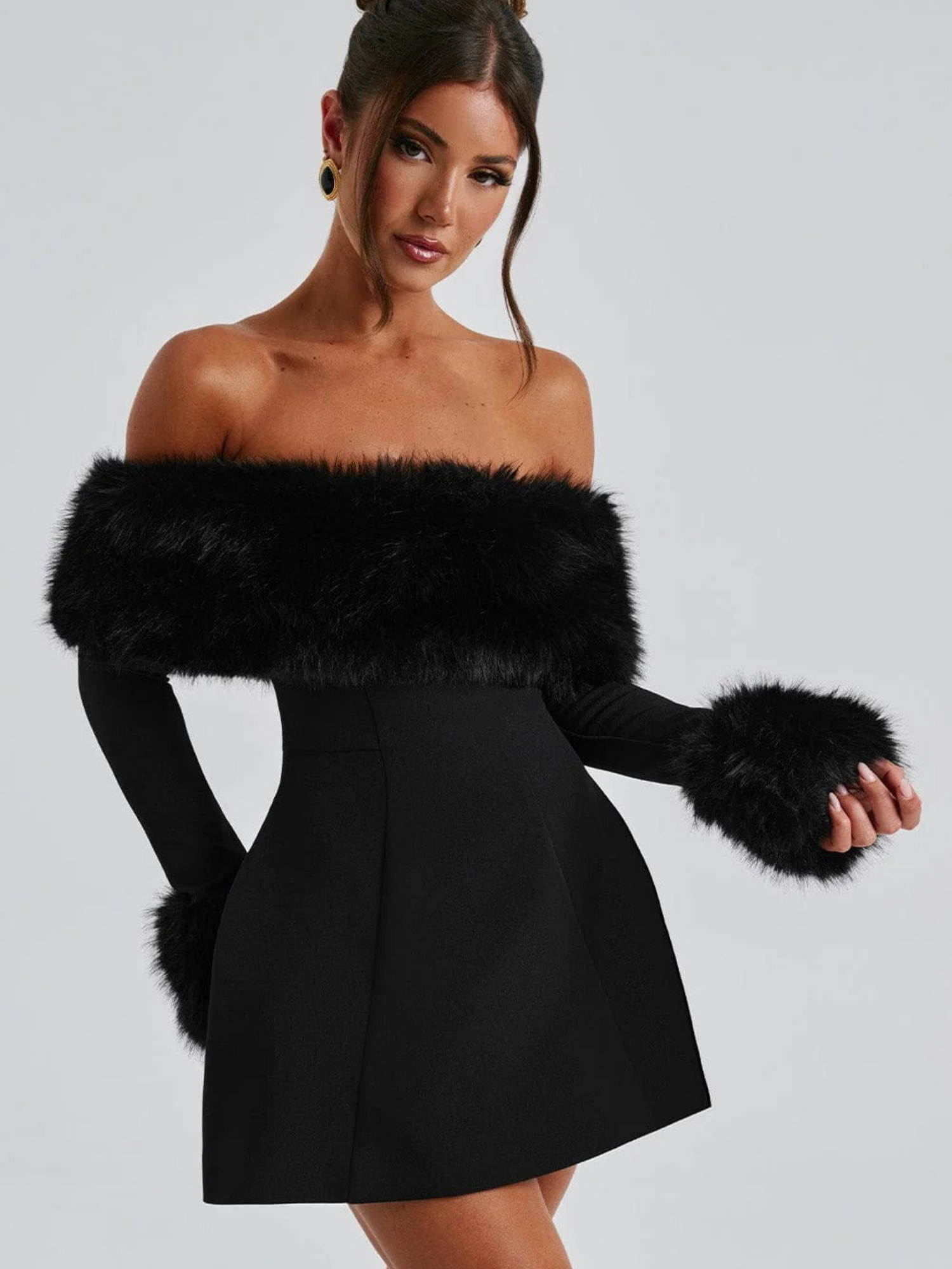 Women's Off-Shoulder Mini Dress with Faux Fur Trim