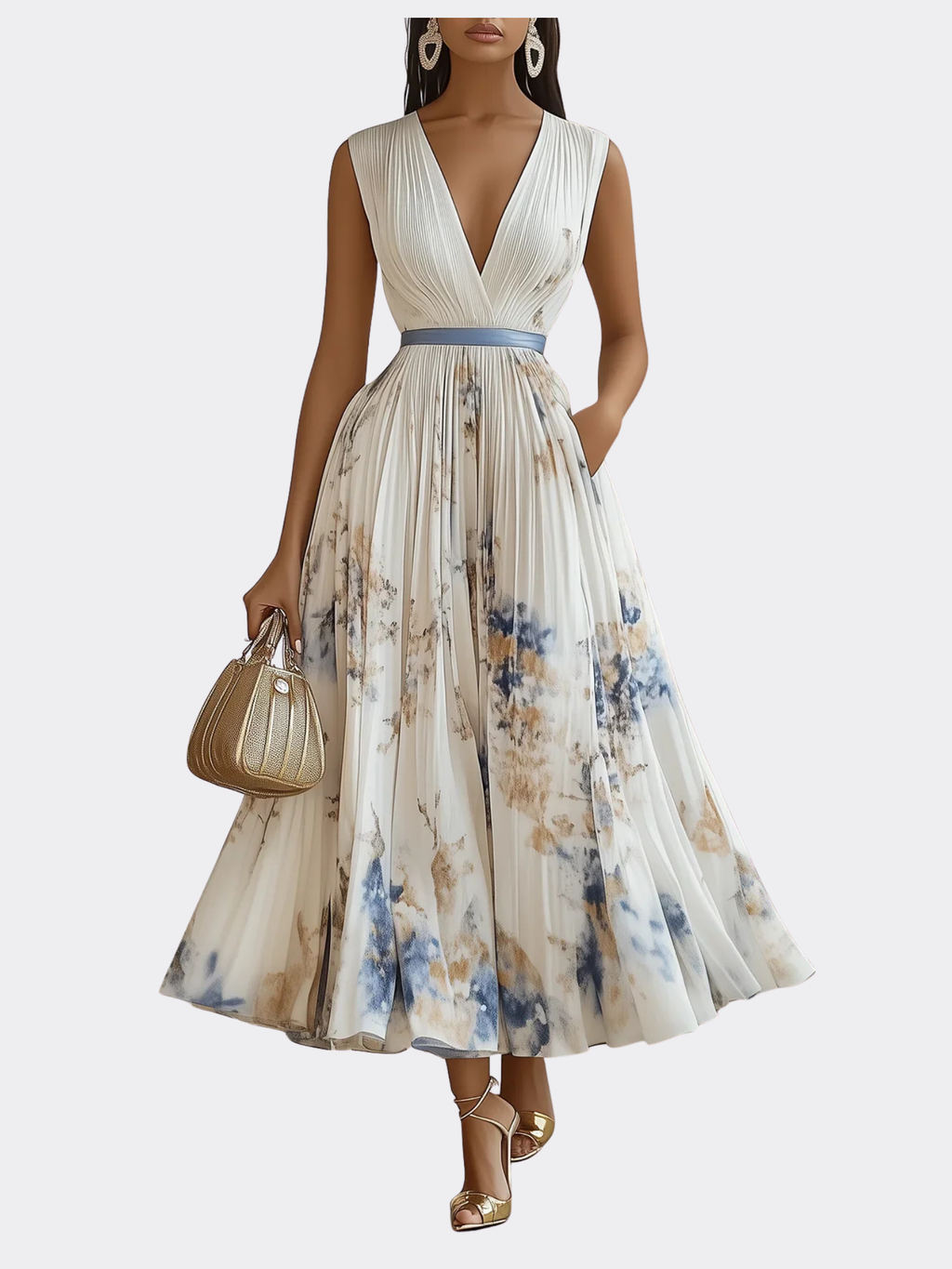 Women's Pleated Midi Dress with V-Neck and Abstract Print