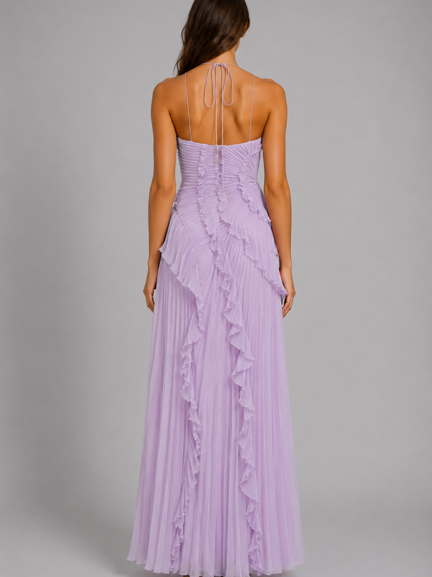Women's Pleated Ruffle Halter Maxi Dress – Flowing Elegance for Special Occasions