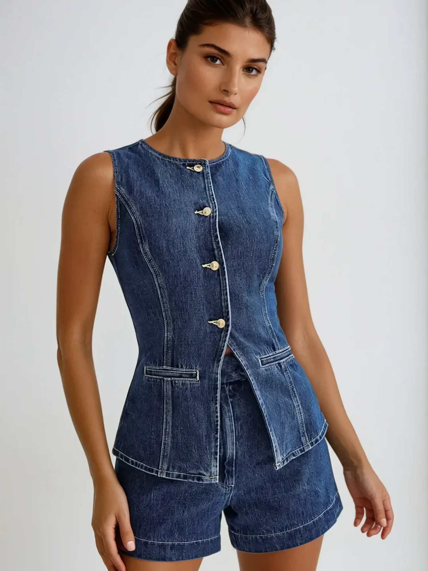 Women’s Denim Two-Piece Set – Gilet and Shorts