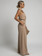 Women’s Halter Neck Wide-Leg Jumpsuit – Twist Front with Belted Waist